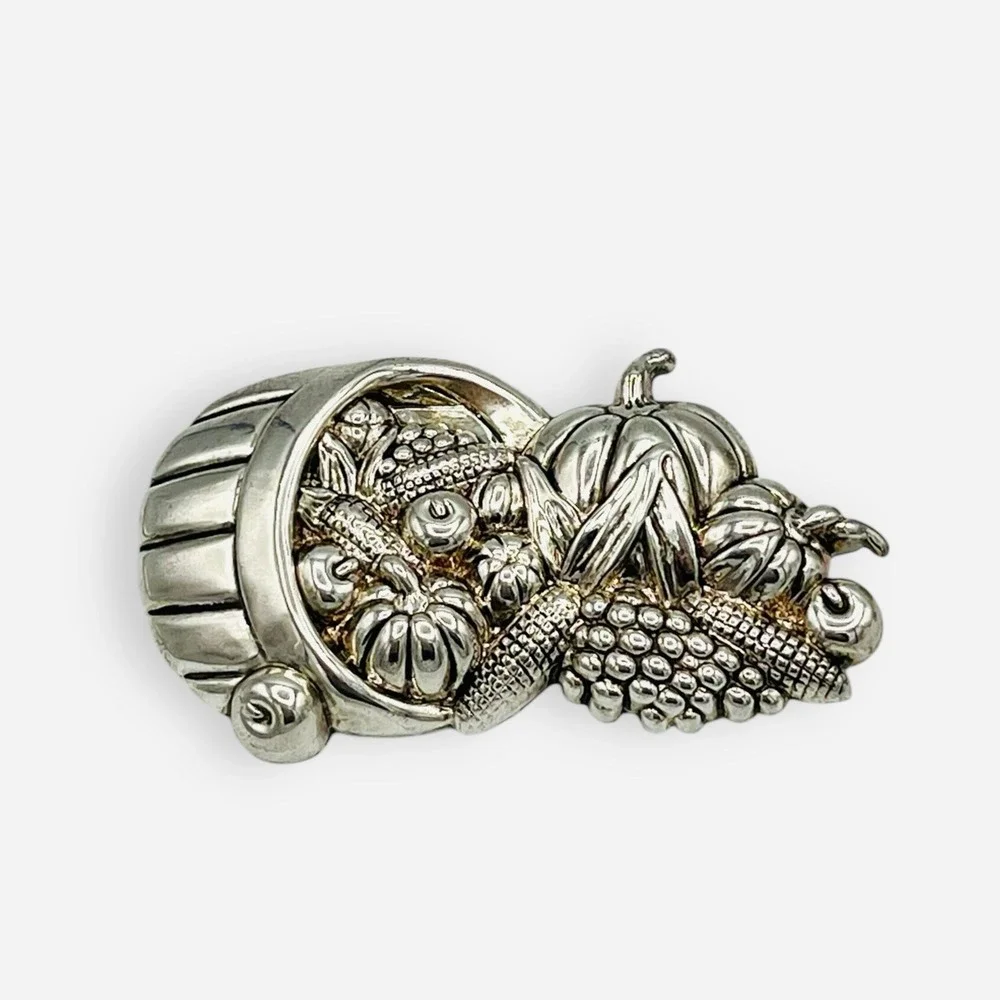 Vintage Cornucopia Best Brooch Pendant MJ Marie Jennifer Earrings Silver Pumpkin